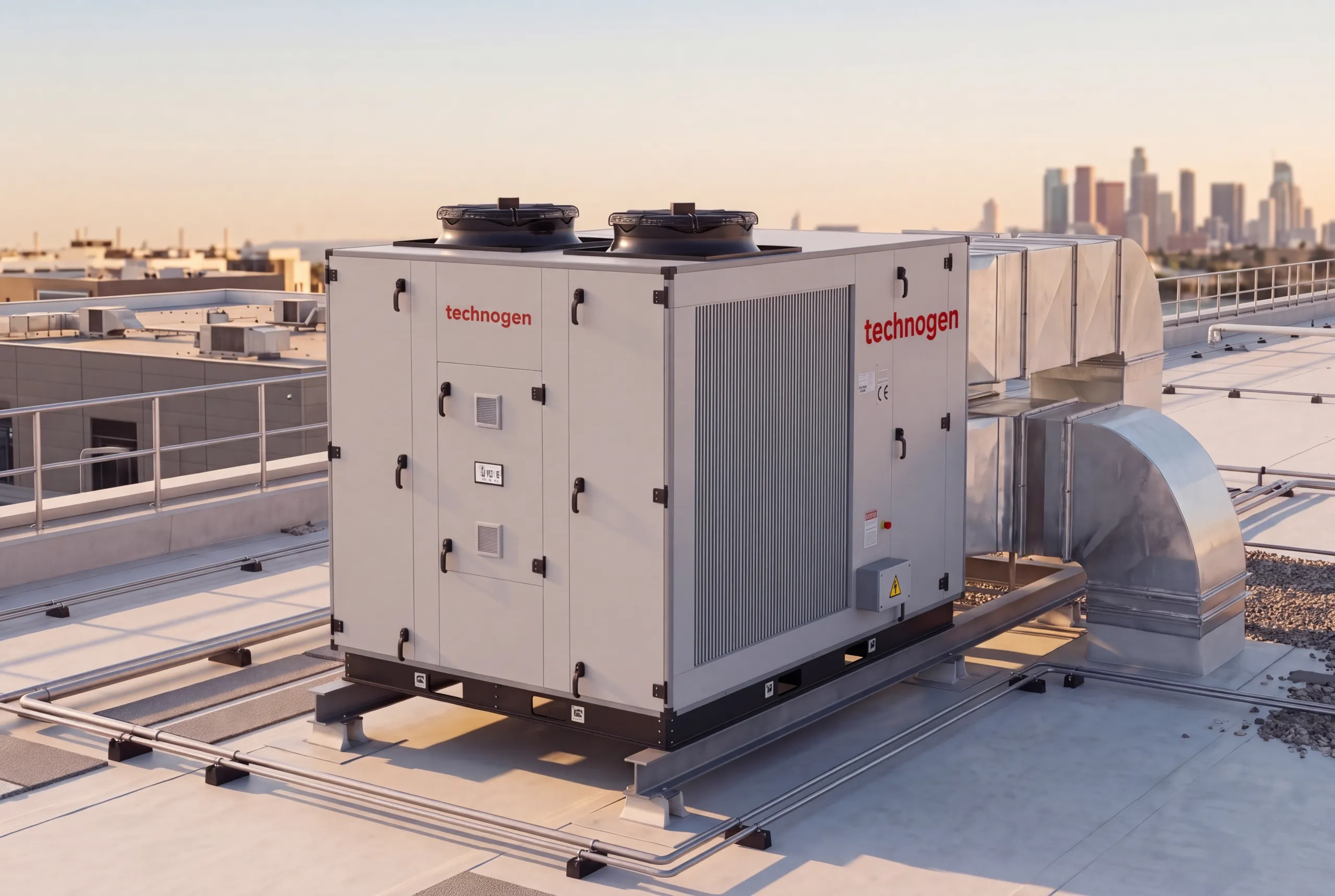 Technogen SPACE rooftop packaged unit installed on the flat roof of a commercial building, on a steel base frame, with its two condenser fans on top and insulated ducts running from the unit into the building