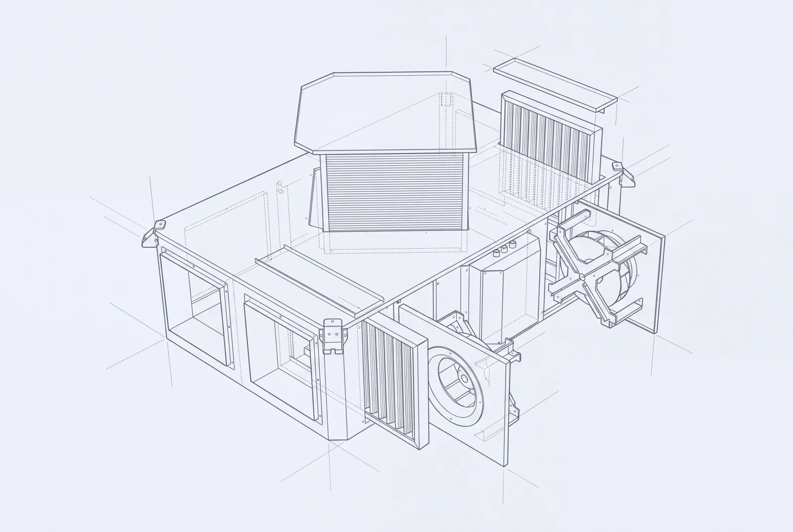 Cutaway line drawing of a Superair heat recovery unit with its service panels open